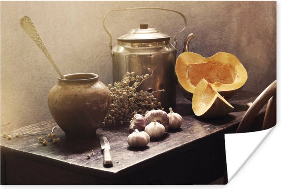PosterMonkey Poster Stilleven Pompoen Knoflook Pan Tafel 60x40 cm