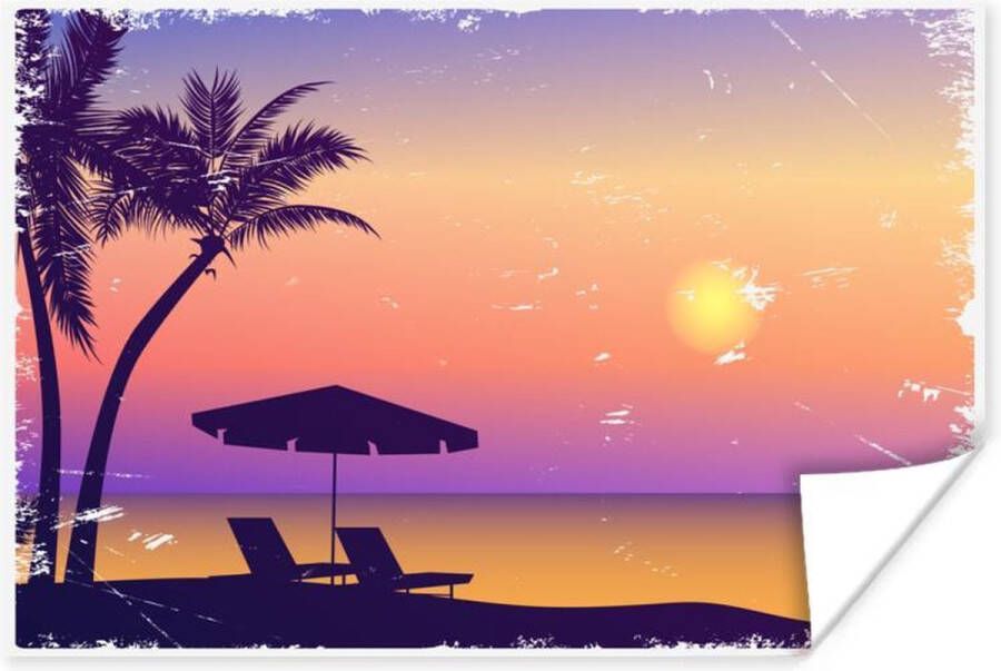 PosterMonkey Poster Strand Stoel Parasol Nacht 30x20 cm