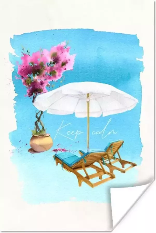 PosterMonkey Poster Strandstoel Bloemen Parasol Tekening 40x60 cm