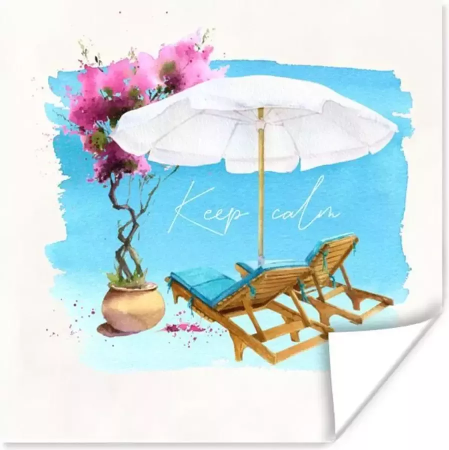 PosterMonkey Poster Strandstoel Parasol Bloemen Tekening 100x100 cm XXL