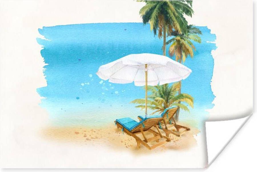 PosterMonkey Poster Strandstoel Parasol Palmbomen Waterverf 60x40 cm