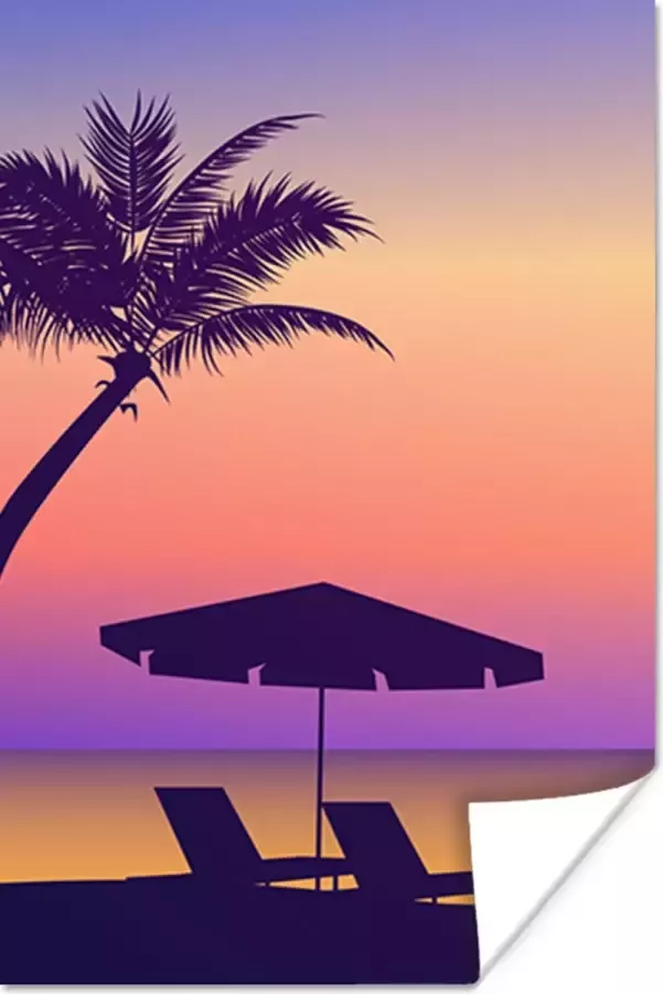 PosterMonkey Poster Strandstoel Parasol Palmboom Nacht 80x120 cm