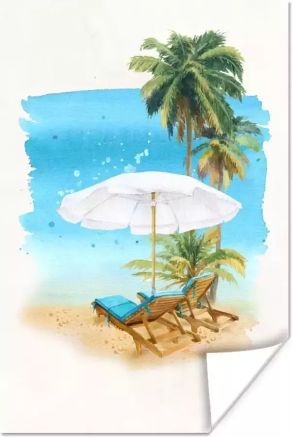 PosterMonkey Poster Strandstoel Parasol Palmboom- Zee 120x180 cm XXL