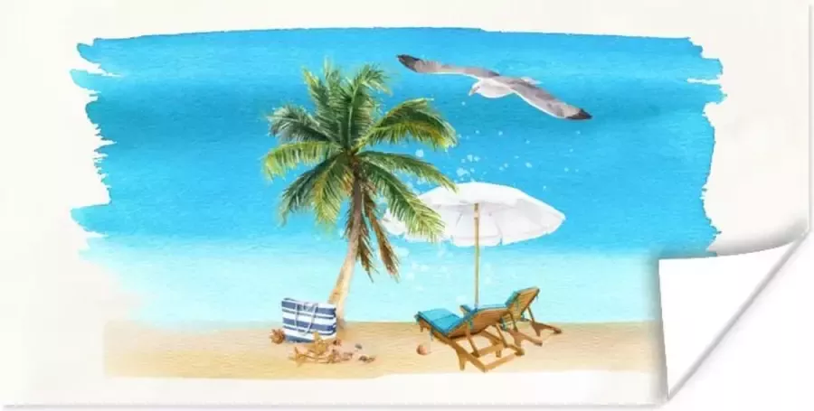 PosterMonkey Poster Strandstoel Parasol Vogel Waterverf 120x60 cm