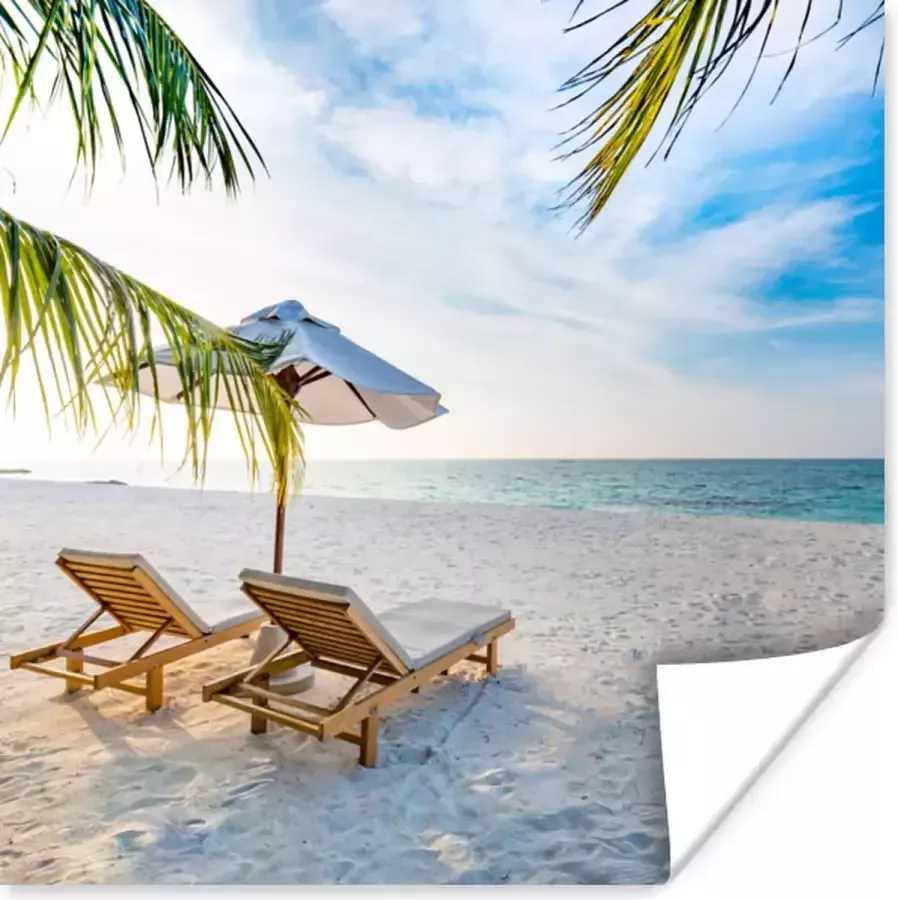 Poster 75x75 cm Strandstoel Parasol Zonsondergang Posters Kamer decoratie Wanddecoratie woonkamer Muurdecoratie slaapkamer