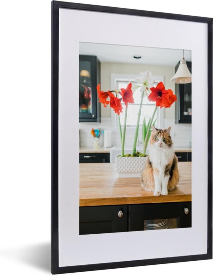 PosterMonkey Fotolijst incl. Poster Kat Bloemen Tafel 40x60 cm Posterlijst
