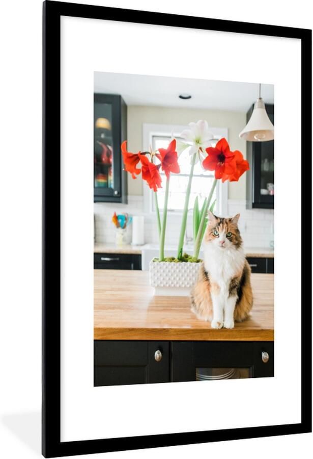 PosterMonkey Fotolijst incl. Poster Kat Bloemen Tafel 60x90 cm Posterlijst