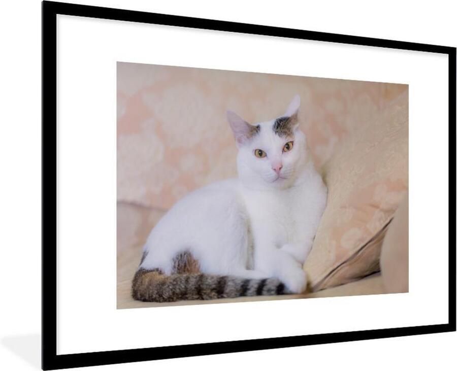 PosterMonkey Fotolijst incl. Poster Kat Wit Bank Meisjes Kinderen Jongens Kids 120x80 cm Posterlijst