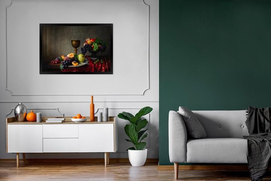PosterMonkey Fotolijst incl. Poster Rustiek Tafel Fruit Stilleven Beker 90x60 cm Posterlijst Kerstversiering Kerstdecoratie voor binnen Kerstmis - Foto 2