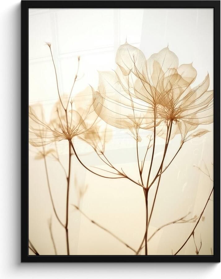 PosterMonkey Fotolijst inclusief poster 60x80 cm Beige droogbloemen Foto in kader Wanddecoratie planten Fotokader muurposter natuur Posters in fotolijsten Bed decoratie Houten frame ophangsysteem Foto lijst posterlijst