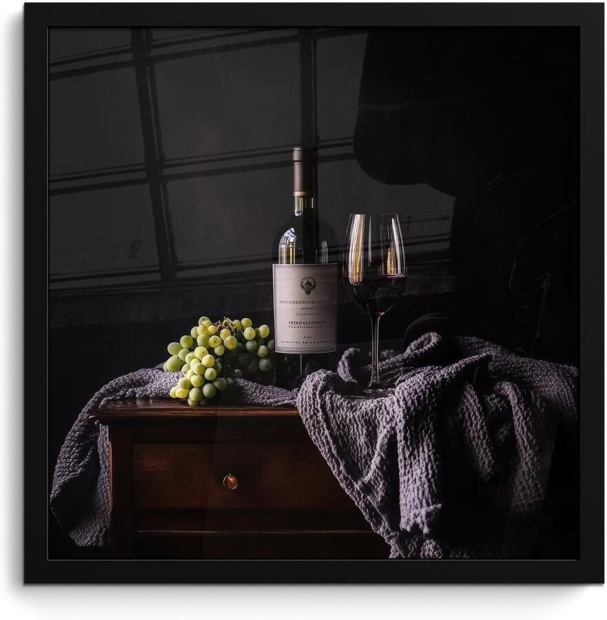 PosterMonkey Fotolijst inclusief poster Posterlijst 40x40 cm Posters Druiven Wijn Rood Tafel Foto in lijst Keuken decoratie muur Wanddecoratie accessoires Muurdecoratie Schilderijen