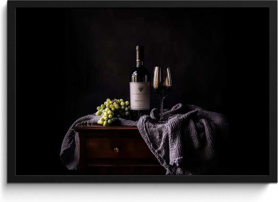 PosterMonkey Fotolijst inclusief poster Posterlijst 60x40 cm Posters Druiven Wijn Rood Tafel Foto in lijst Keuken decoratie muur Wanddecoratie accessoires Muurdecoratie Schilderijen