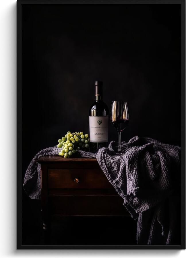 PosterMonkey Fotolijst inclusief poster Posterlijst 80x120 cm Posters Druiven Wijn Rood Tafel Foto in lijst Keuken decoratie muur Wanddecoratie accessoires Muurdecoratie Schilderijen