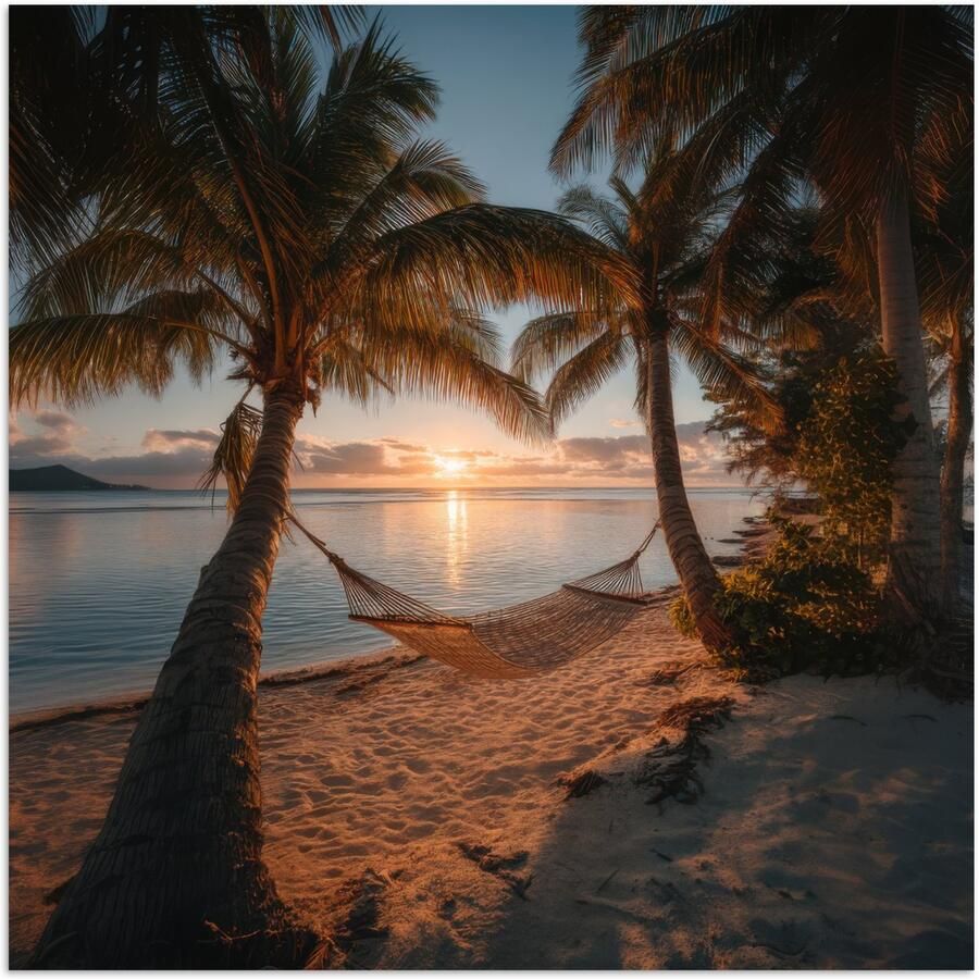 PosterMonkey Poster 30x30 cm Palmbomen Hangmat Strand Zonsondergang Posters Kamer decoratie Wanddecoratie woonkamer Muurdecoratie slaapkamer