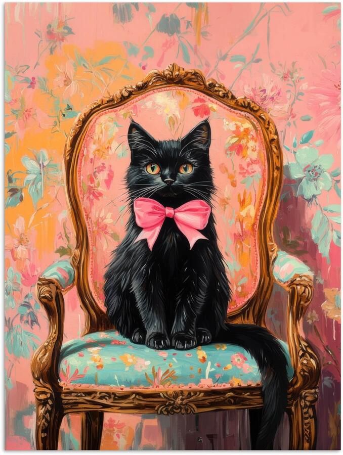 PosterMonkey Poster 30x40 cm Kat Roze Stoel met bloemenmotief Posters Kamer decoratie Wanddecoratie woonkamer Muurdecoratie slaapkamer