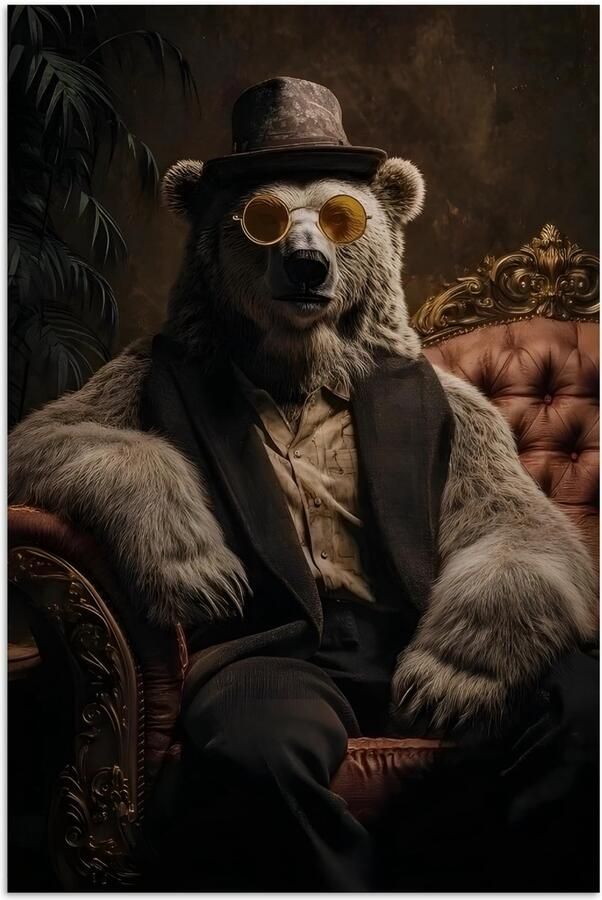 PosterMonkey Poster 80x120 cm Ijsbeer Hoed Bril Stoel Posters Kamer decoratie Wanddecoratie woonkamer Muurdecoratie slaapkamer