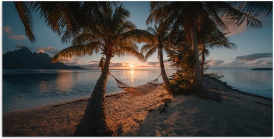 PosterMonkey Poster 40x20 cm Palmbomen Hangmat Strand Zonsondergang Posters Kamer decoratie Wanddecoratie woonkamer Muurdecoratie slaapkamer