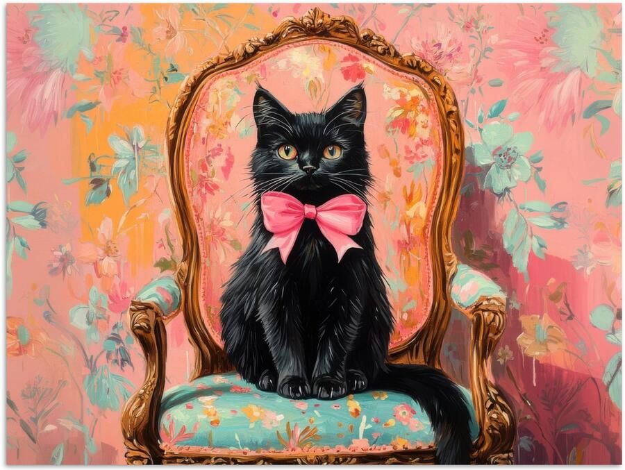 PosterMonkey Poster 160x120 cm Kat Roze Stoel met bloemenmotief Posters Kamer decoratie Wanddecoratie woonkamer Muurdecoratie slaapkamer XXL