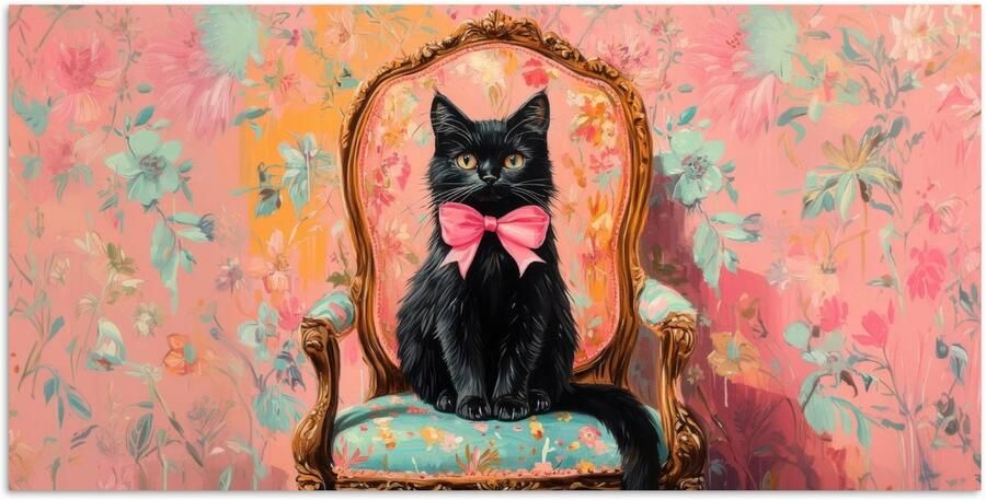 PosterMonkey Poster 80x40 cm Kat Roze Stoel met bloemenmotief Posters Kamer decoratie Wanddecoratie woonkamer Muurdecoratie slaapkamer