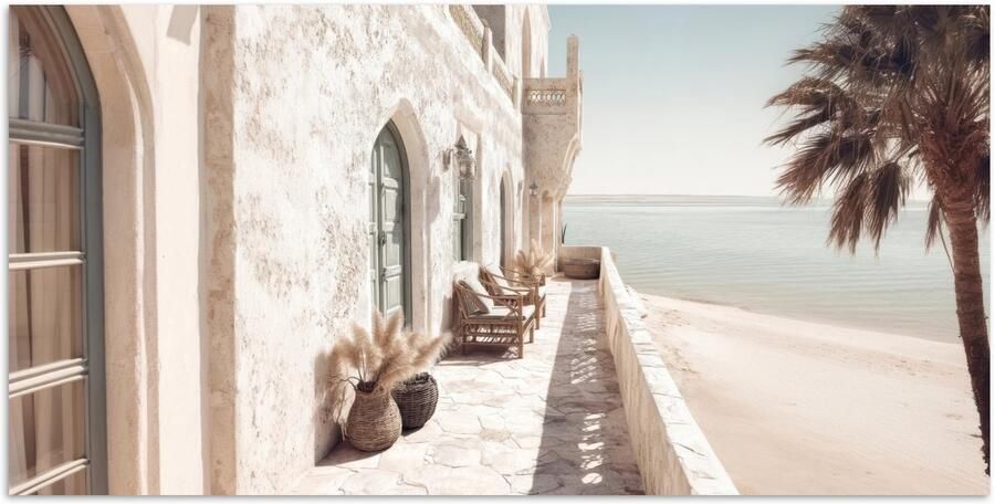 PosterMonkey Poster 80x40 cm Terras Stoelen Strand Beige Posters Kamer decoratie Wanddecoratie woonkamer Muurdecoratie slaapkamer