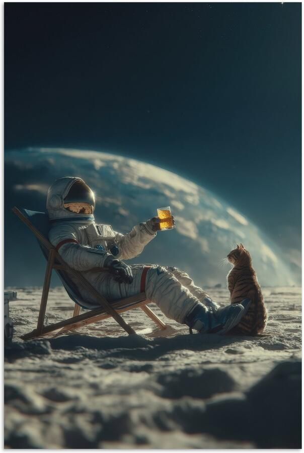 PosterMonkey Poster 80x120 cm Astronaut Kat Glas Stoel Posters Kamer decoratie Wanddecoratie woonkamer Muurdecoratie slaapkamer