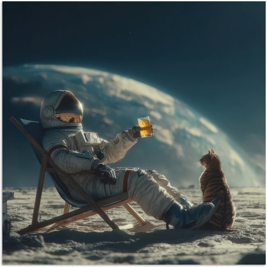 PosterMonkey Poster 30x30 cm Astronaut Kat Glas Stoel Posters Kamer decoratie Wanddecoratie woonkamer Muurdecoratie slaapkamer