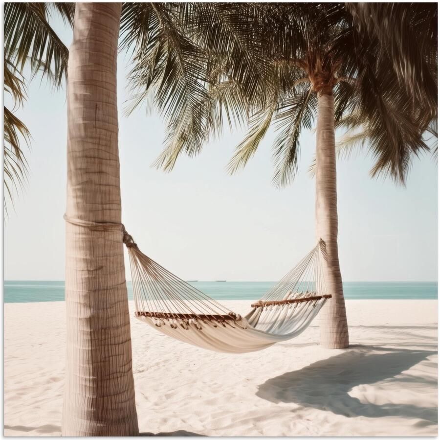 PosterMonkey Poster 30x30 cm Hangmat Palmbomen Strand Zee Posters Kamer decoratie Wanddecoratie woonkamer Muurdecoratie slaapkamer