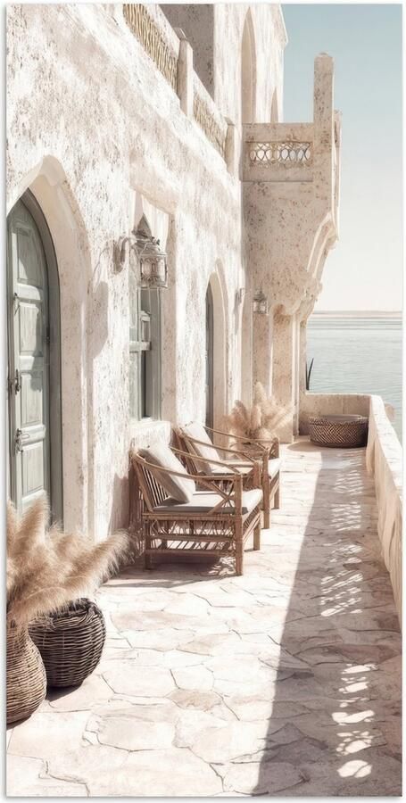 PosterMonkey Poster 80x160 cm Terras Stoelen Strand Beige Posters Kamer decoratie Wanddecoratie woonkamer Muurdecoratie slaapkamer