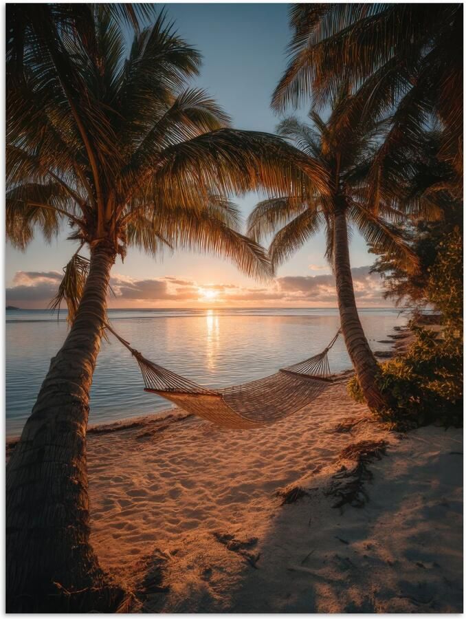 PosterMonkey Poster 30x40 cm Palmbomen Hangmat Strand Zonsondergang Posters Kamer decoratie Wanddecoratie woonkamer Muurdecoratie slaapkamer