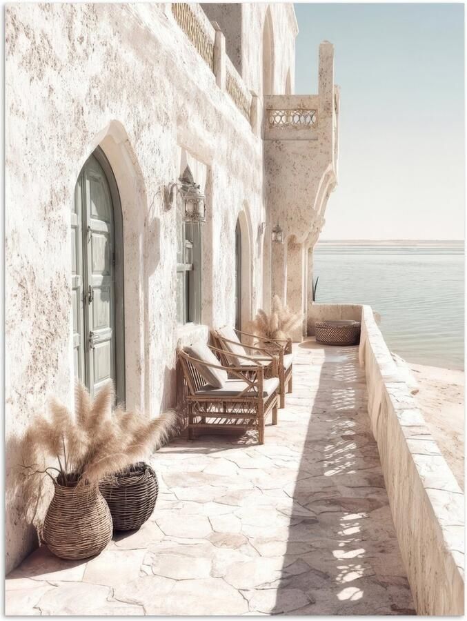 PosterMonkey Poster 30x40 cm Terras Stoelen Strand Beige Posters Kamer decoratie Wanddecoratie woonkamer Muurdecoratie slaapkamer