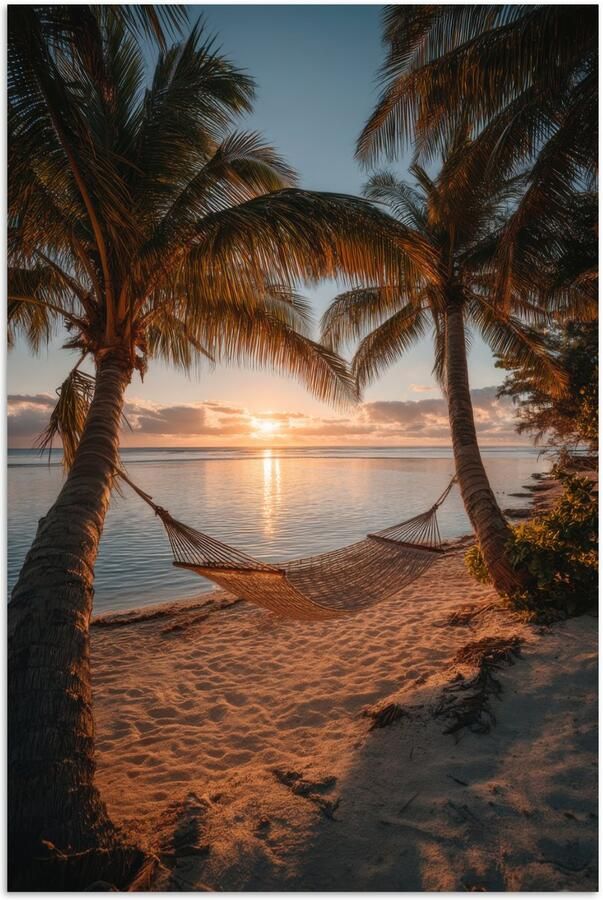 PosterMonkey Poster 120x180 cm Palmbomen Hangmat Strand Zonsondergang Posters Kamer decoratie Wanddecoratie woonkamer Muurdecoratie slaapkamer XXL