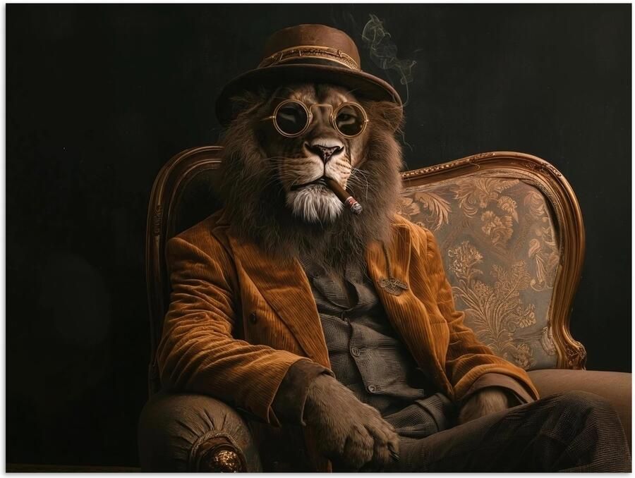 PosterMonkey Poster 160x120 cm Bril Leeuw Bank Hoed Posters Kamer decoratie Wanddecoratie woonkamer Muurdecoratie slaapkamer XXL