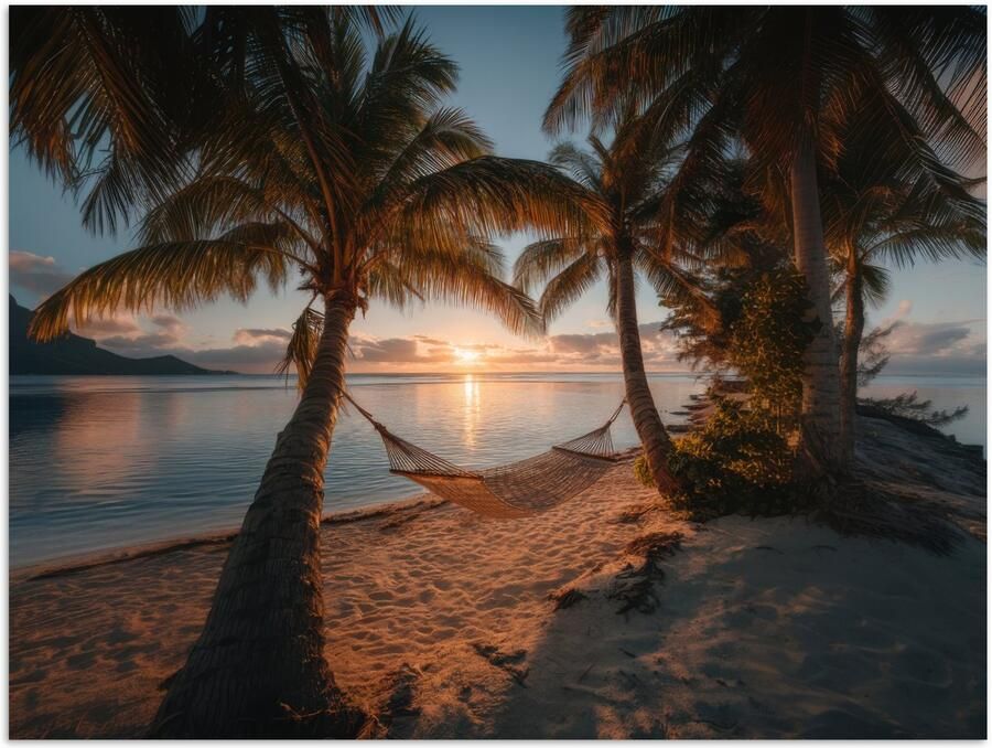 PosterMonkey Poster 160x120 cm Palmbomen Hangmat Strand Zonsondergang Posters Kamer decoratie Wanddecoratie woonkamer Muurdecoratie slaapkamer XXL