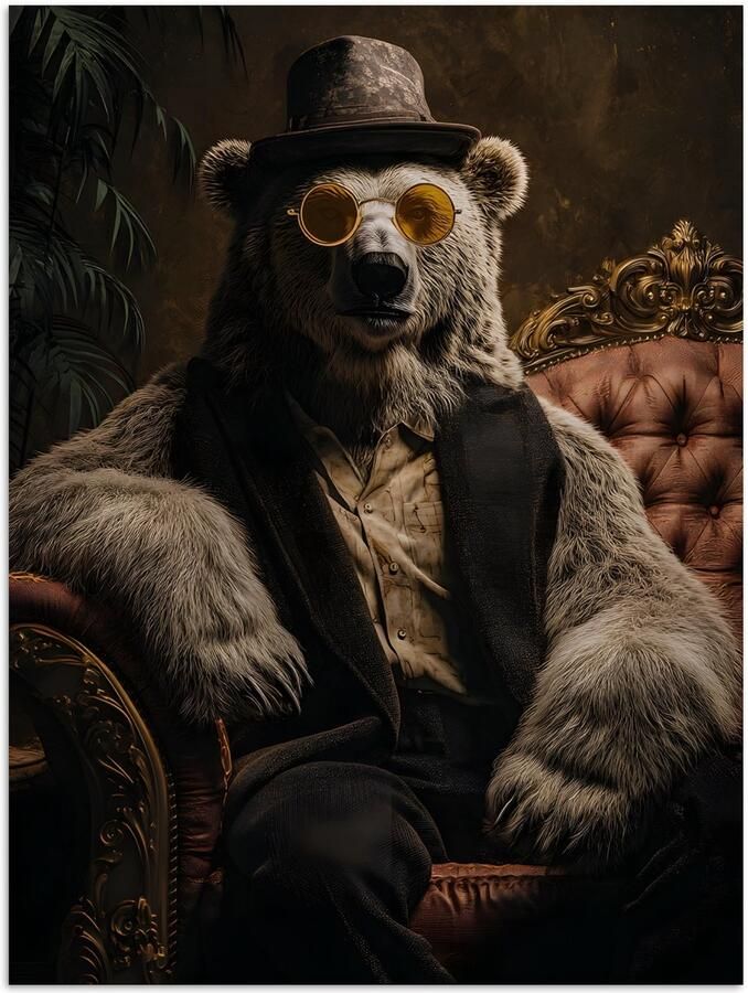 PosterMonkey Poster 30x40 cm Ijsbeer Hoed Bril Stoel Posters Kamer decoratie Wanddecoratie woonkamer Muurdecoratie slaapkamer