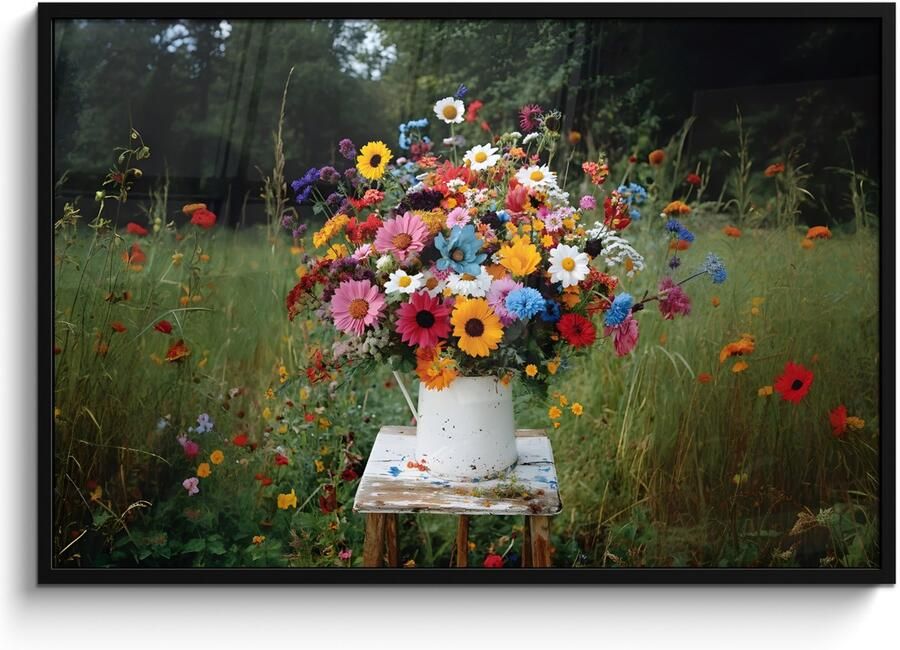 PosterMonkey Poster in lijst Fotolijst 120x80 cm Posters Bloemen Krukje Gieter Veld Posterlijst zwart Decoratie Wanddecoratie woonkamer Muurdecoratie slaapkamer