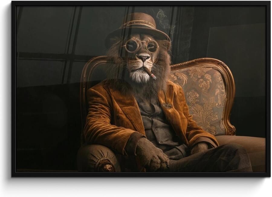 PosterMonkey Poster in lijst Fotolijst 120x80 cm Posters Bril Leeuw Bank Hoed Posterlijst zwart Decoratie Wanddecoratie woonkamer Muurdecoratie slaapkamer