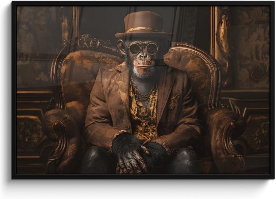 PosterMonkey Poster in lijst Fotolijst 120x80 cm Posters Chimpansee Stoel Pak Bruin Posterlijst zwart Decoratie Wanddecoratie woonkamer Muurdecoratie slaapkamer