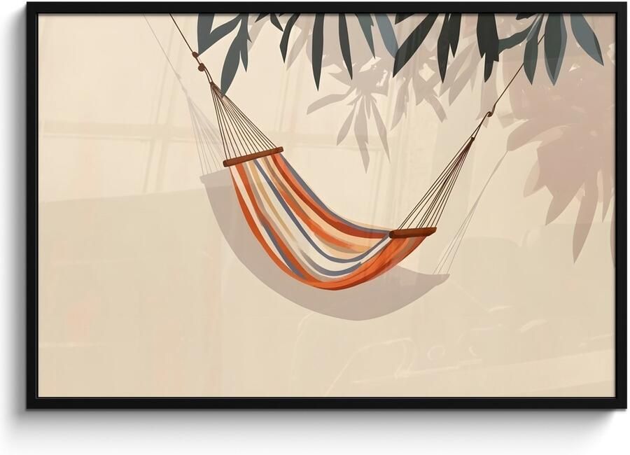 PosterMonkey Poster in lijst Fotolijst 120x80 cm Posters Hangmat Kleurrijk Bladeren Schaduw Posterlijst zwart Decoratie Wanddecoratie woonkamer Muurdecoratie slaapkamer