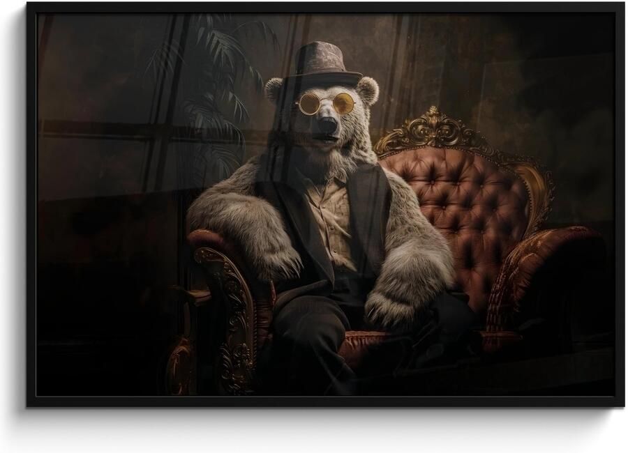 PosterMonkey Poster in lijst Fotolijst 120x80 cm Posters Ijsbeer Hoed Bril Stoel Posterlijst zwart Decoratie Wanddecoratie woonkamer Muurdecoratie slaapkamer
