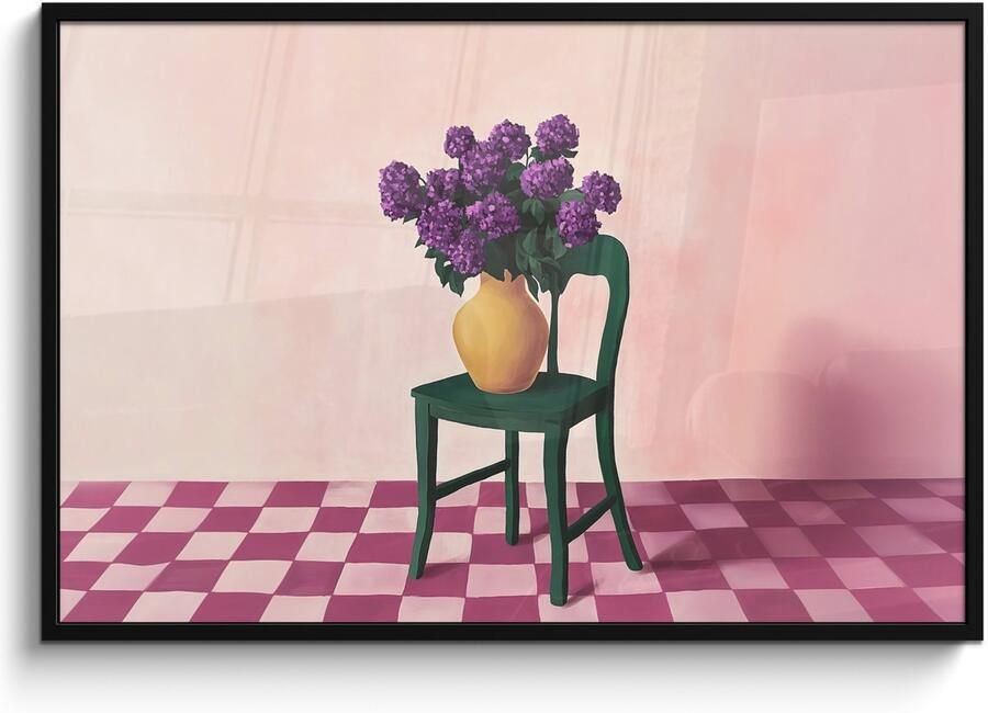 PosterMonkey Poster in lijst Fotolijst 120x80 cm Posters Stoel Vaas Bloemen Geblokt Posterlijst zwart Decoratie Wanddecoratie woonkamer Muurdecoratie slaapkamer
