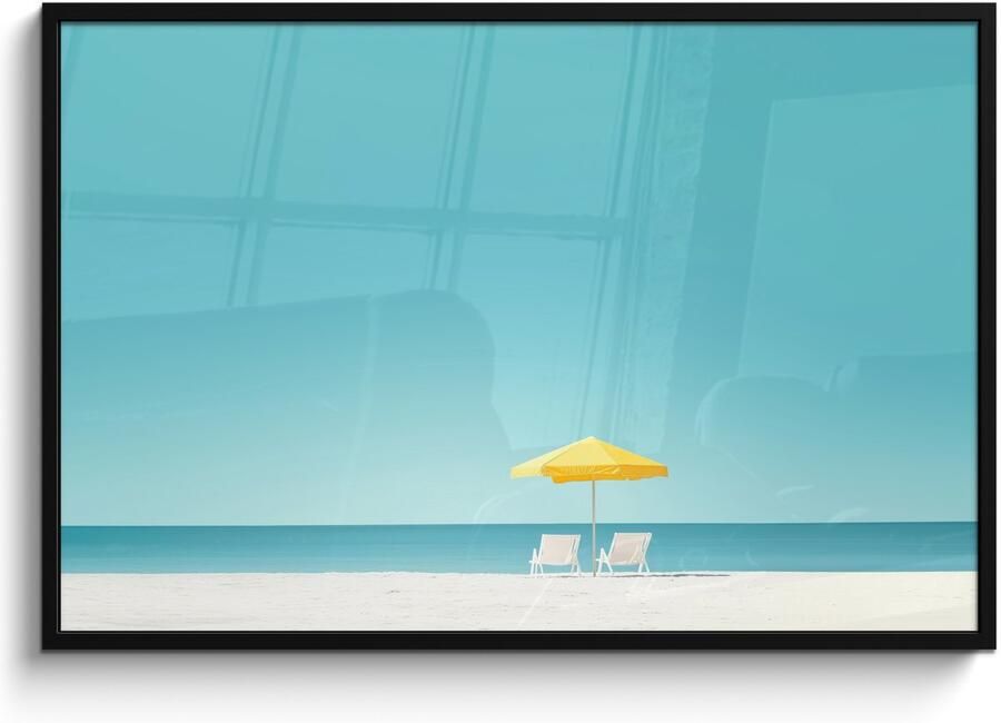 PosterMonkey Poster in lijst Fotolijst 120x80 cm Posters Strand Blauwe lucht Geel Parasol Posterlijst zwart Decoratie Wanddecoratie woonkamer Muurdecoratie slaapkamer
