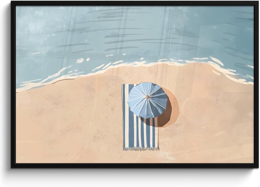 PosterMonkey Poster in lijst Fotolijst 120x80 cm Posters Strandlaken Strepen Parasol Strand Posterlijst zwart Decoratie Wanddecoratie woonkamer Muurdecoratie slaapkamer