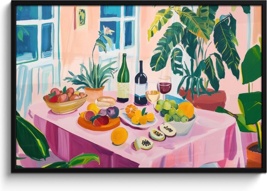 FrameYourWall Poster in lijst Fotolijst 120x80 cm Posters Tafel Wijn Fruit Posterlijst zwart Decoratie Wanddecoratie woonkamer Muurdecoratie slaapkamer