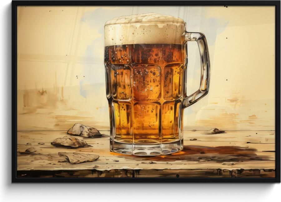 PosterMonkey Fotolijst inclusief poster Posterlijst 120x80 cm Posters Vintage Bier Pul Hout Tafel Drinken Foto in lijst decoratie Wanddecoratie woonkamer Muurdecoratie slaapkamer