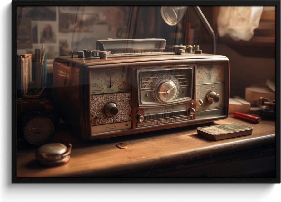 PosterMonkey Fotolijst inclusief poster Posterlijst 120x80 cm Posters Vintage Radio Oud Bureau Lamp Foto in lijst decoratie Wanddecoratie woonkamer Muurdecoratie slaapkamer