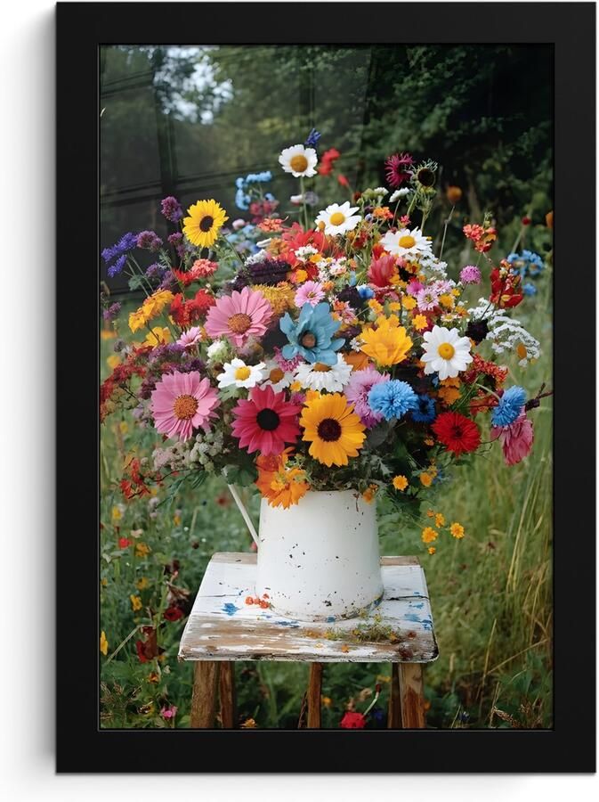 PosterMonkey Poster in lijst Fotolijst 20x30 cm Posters Bloemen Krukje Gieter Veld Posterlijst zwart Decoratie Wanddecoratie woonkamer Muurdecoratie slaapkamer