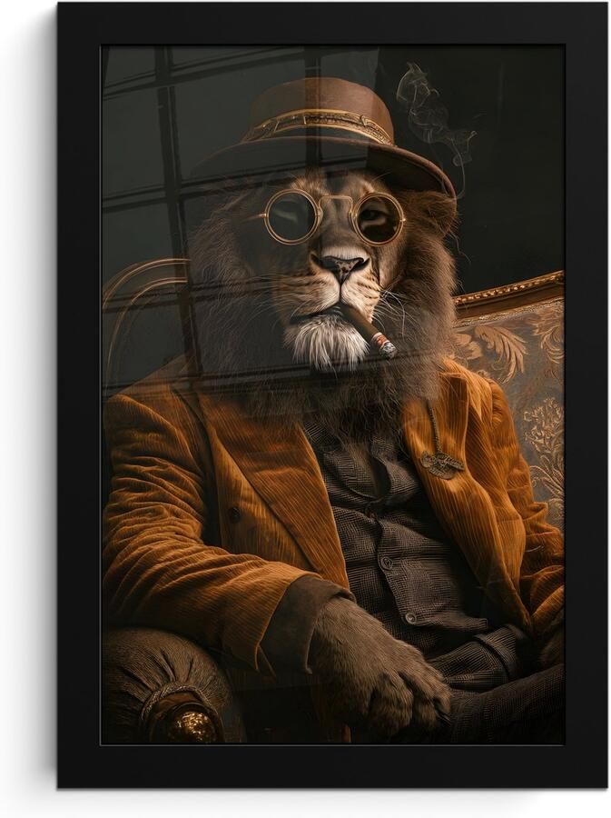 PosterMonkey Poster in lijst Fotolijst 20x30 cm Posters Bril Leeuw Bank Hoed Posterlijst zwart Decoratie Wanddecoratie woonkamer Muurdecoratie slaapkamer