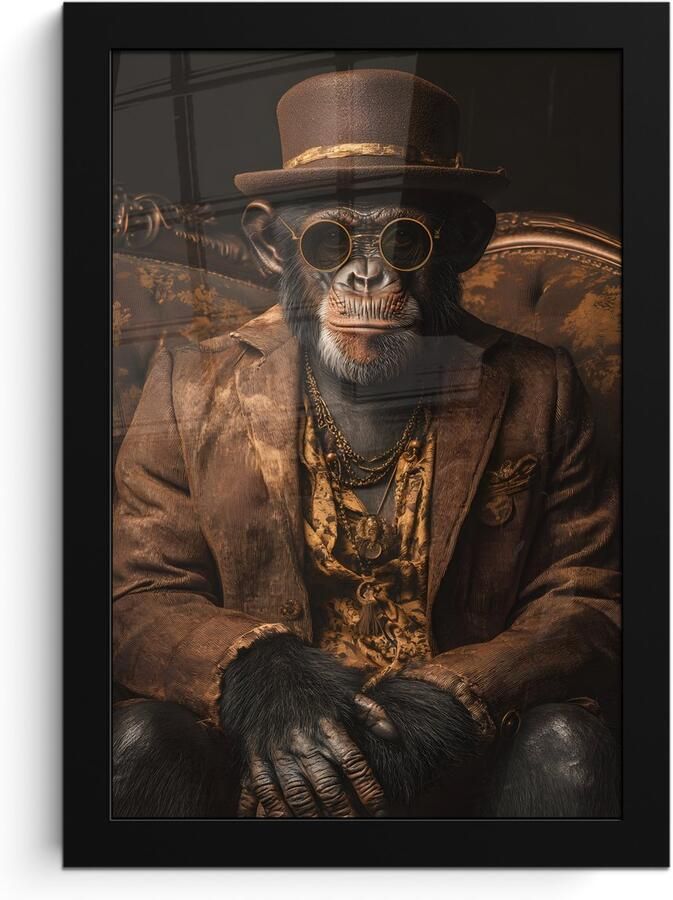 PosterMonkey Poster in lijst Fotolijst 20x30 cm Posters Chimpansee Stoel Pak Bruin Posterlijst zwart Decoratie Wanddecoratie woonkamer Muurdecoratie slaapkamer