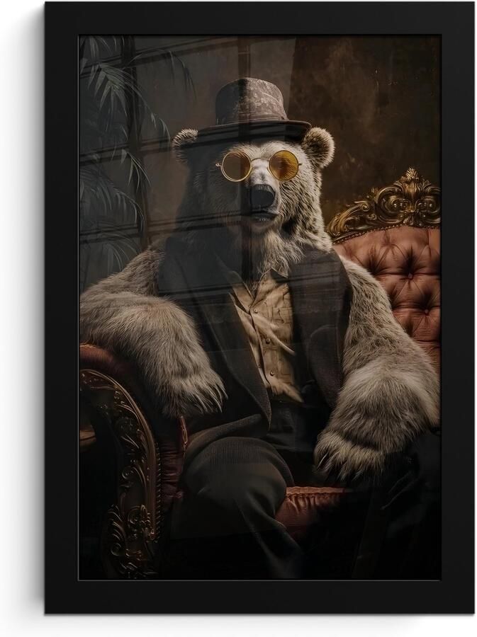 PosterMonkey Poster in lijst Fotolijst 20x30 cm Posters Ijsbeer Hoed Bril Stoel Posterlijst zwart Decoratie Wanddecoratie woonkamer Muurdecoratie slaapkamer
