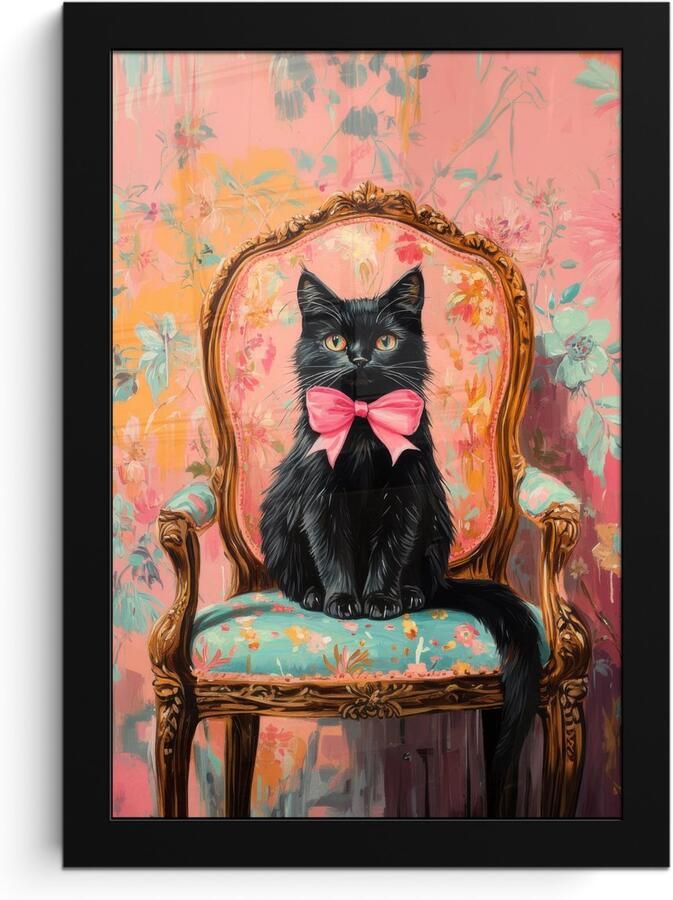PosterMonkey Poster in lijst Fotolijst 20x30 cm Posters Kat Roze Stoel met bloemenmotief Posterlijst zwart Decoratie Wanddecoratie woonkamer Muurdecoratie slaapkamer